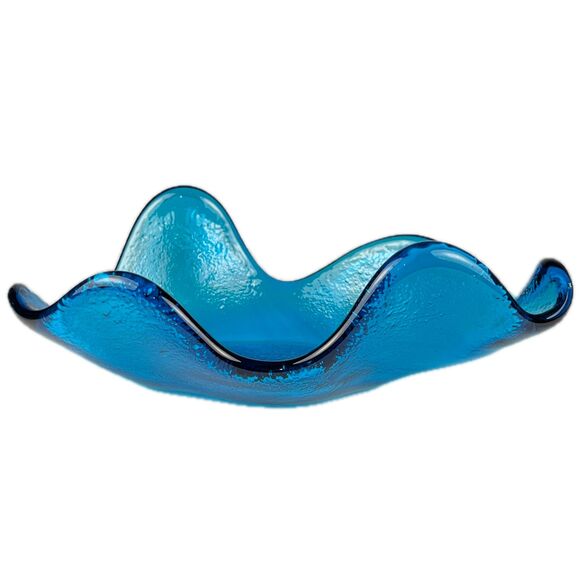 Murano Style Hand Blown Art Glass Bowl Coastal Aqua Blue Large 13”x7